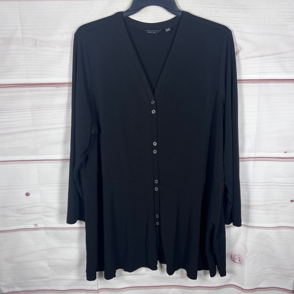 Susan Graver Liquid Knit Tunic Women 3X Black EveryDay Button Up Long Sleeve Top